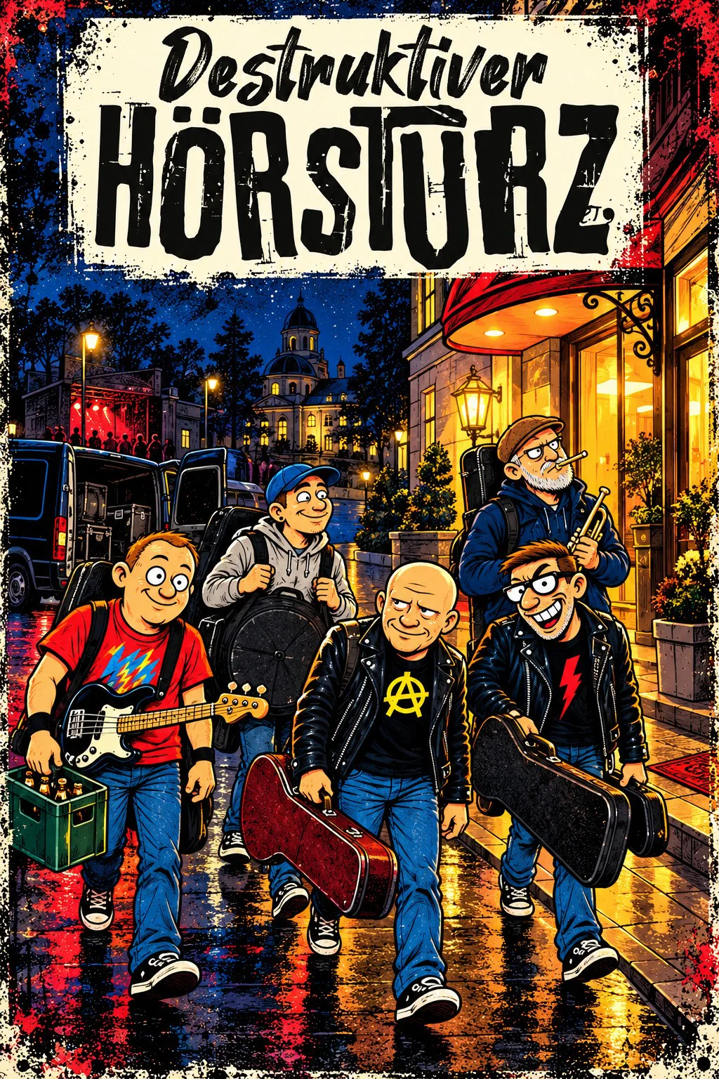 Comic-Titelbild: Die fünf Bandmitglieder laufen nachts mit Instrumentenkoffern und einem Bierkasten an einem Hotel vorbei.
