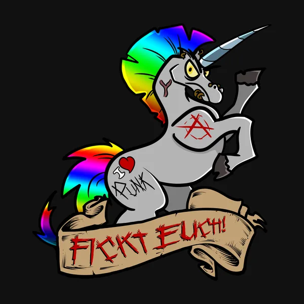 Punk-Einhorn mit Banner „Fickt Euch!“