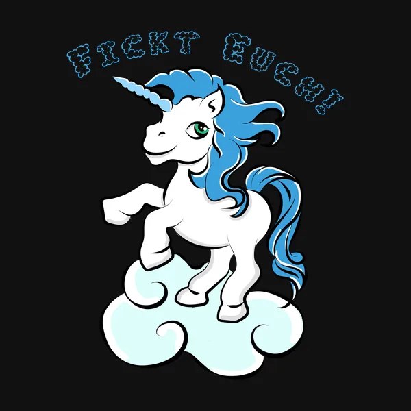 Einhorn auf einer Wolke mit „Fickt Euch!“